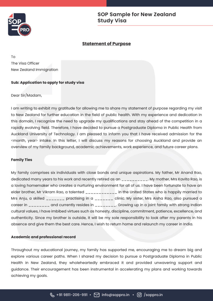 SOP Sample for New Zealand Study Visa