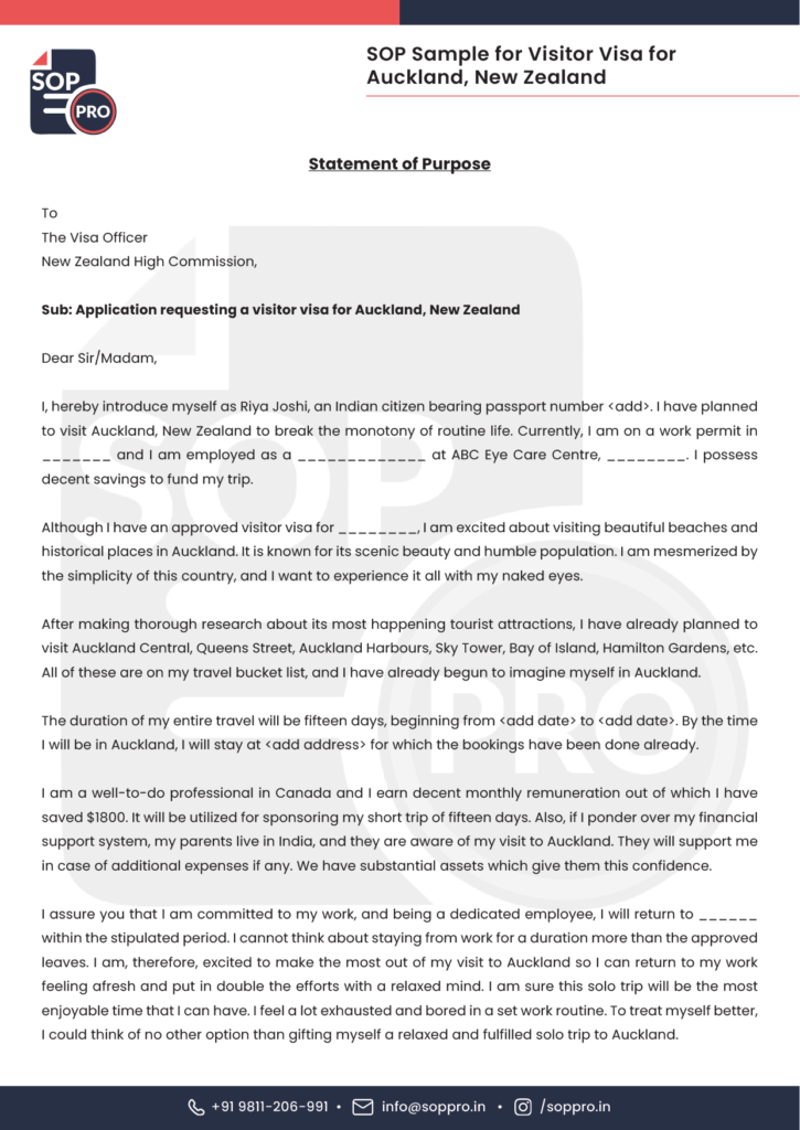 Sample SOP for Visitor Visa for Auckland New Zealand